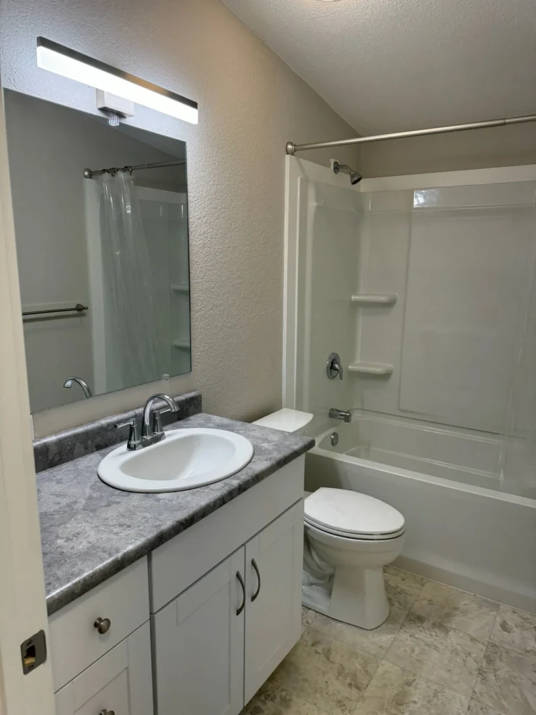 Modern bathroom by Durango Remodeling in Colorado with vanity, mirror lighting, tub and shower combo, and tile flooring.